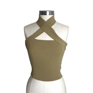 NBD Taupe Yvette Ribbed Knit Criss Cross Halter Top S